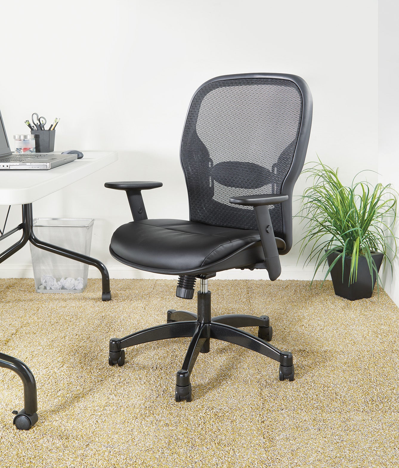 Breathable Mesh Back and Bonded Leather Seat Manager’s Chair with Adjustable
Arms, Adjustable Lumbar and Industrial Steel Finish Base