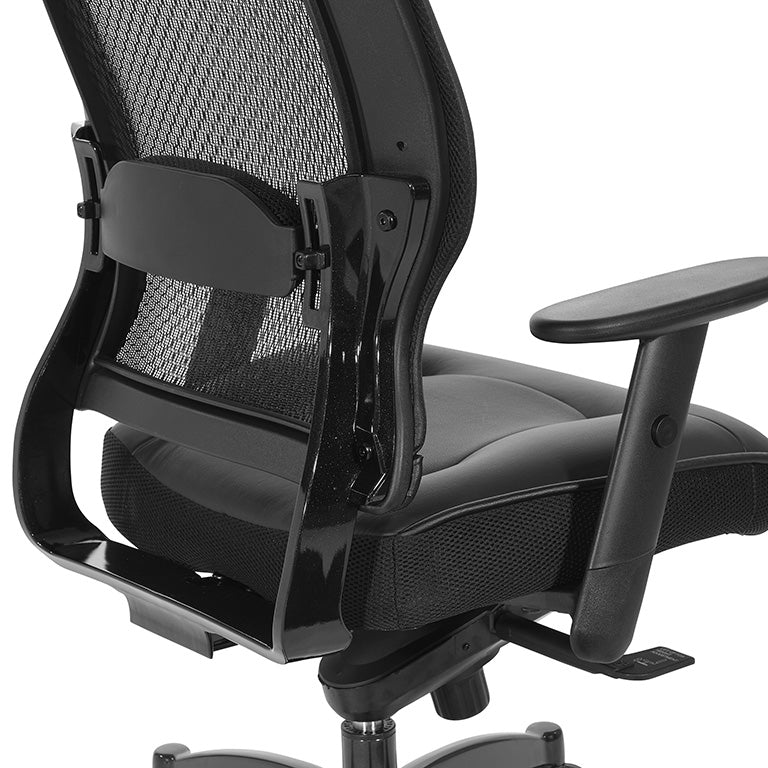 Breathable Mesh Back and Leather Seat Manager’s Chair with Headrest,
Adjustable Arms, Adjustable Lumbar and Industrial Steel Finish