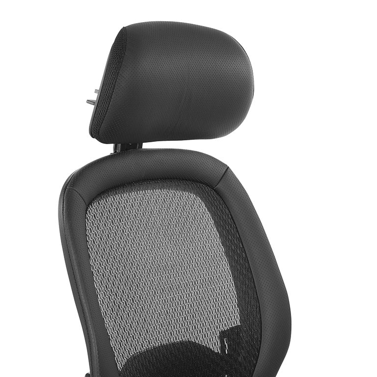 Breathable Mesh Back and Leather Seat Manager’s Chair with Headrest,
Adjustable Arms, Adjustable Lumbar and Industrial Steel Finish