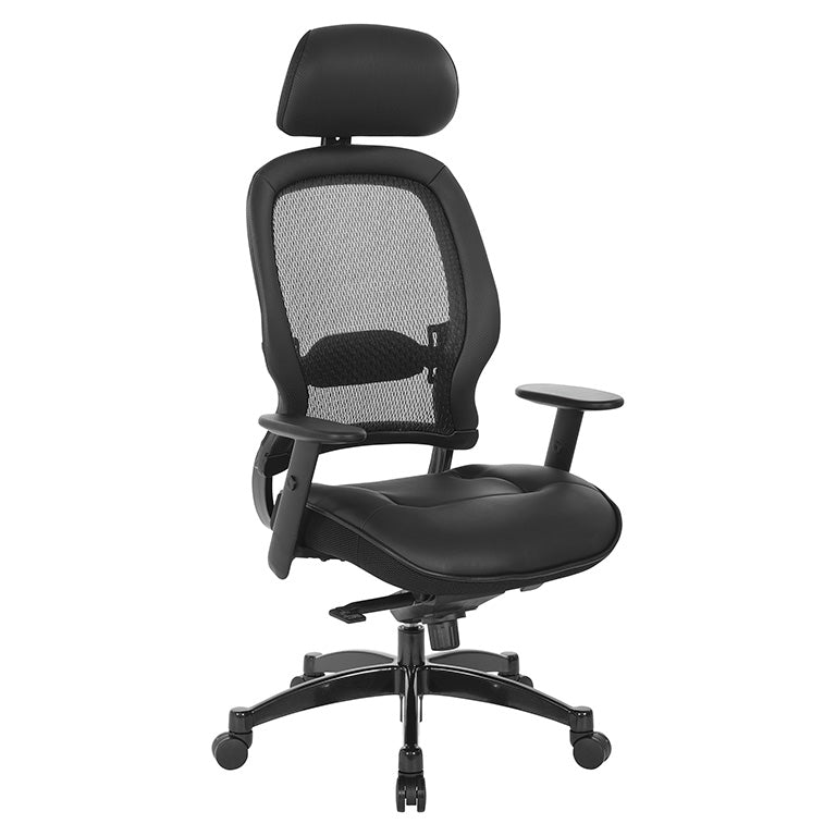 Breathable Mesh Back and Leather Seat Manager’s Chair with Headrest,
Adjustable Arms, Adjustable Lumbar and Industrial Steel Finish