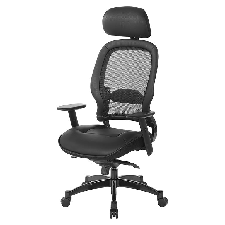 Breathable Mesh Back and Leather Seat Manager’s Chair with Headrest,
Adjustable Arms, Adjustable Lumbar and Industrial Steel Finish