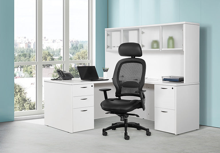 Breathable Mesh Back and Leather Seat Manager’s Chair with Headrest,
Adjustable Arms, Adjustable Lumbar and Industrial Steel Finish