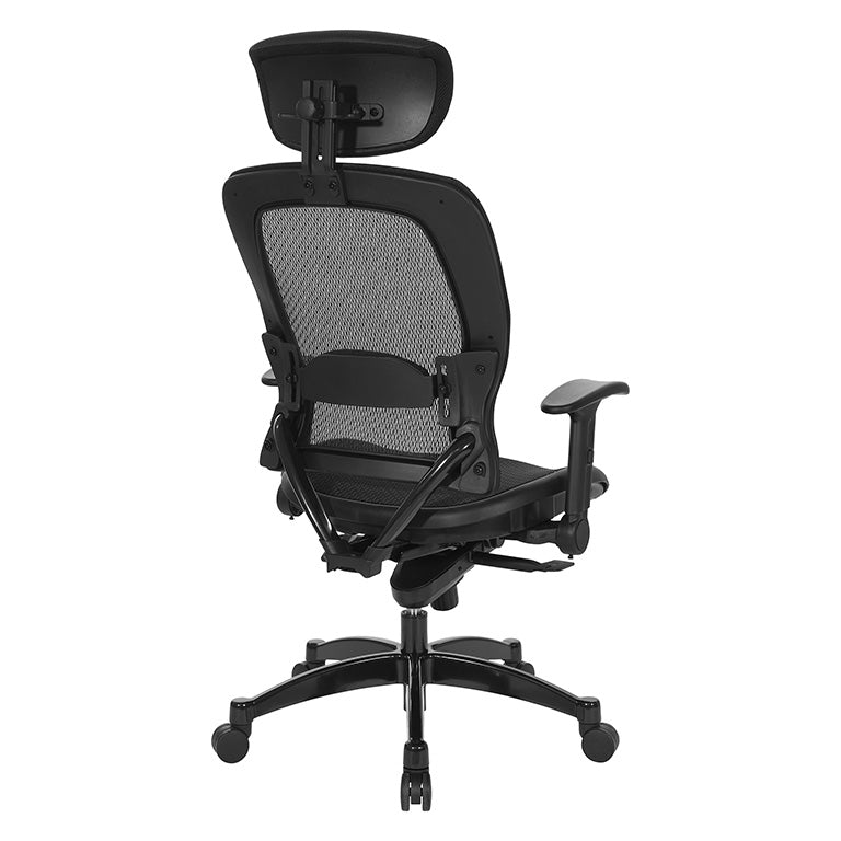 Breathable Mesh Seat and Back Executive Chair w/Top Grain Leather Trim, Adjustable
Headrest and Lumbar Support, Height-Adjustable Flip Arms, Industrial Steel Finish Base