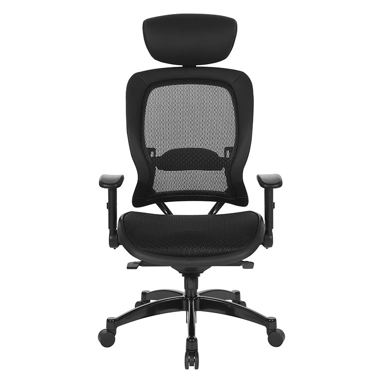 Breathable Mesh Seat and Back Executive Chair w/Top Grain Leather Trim, Adjustable
Headrest and Lumbar Support, Height-Adjustable Flip Arms, Industrial Steel Finish Base