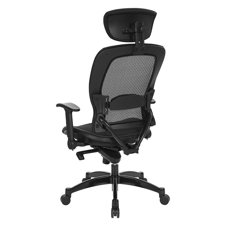 Breathable Mesh Seat and Back Executive Chair w/Top Grain Leather Trim, Adjustable
Headrest and Lumbar Support, Height-Adjustable Flip Arms, Industrial Steel Finish Base