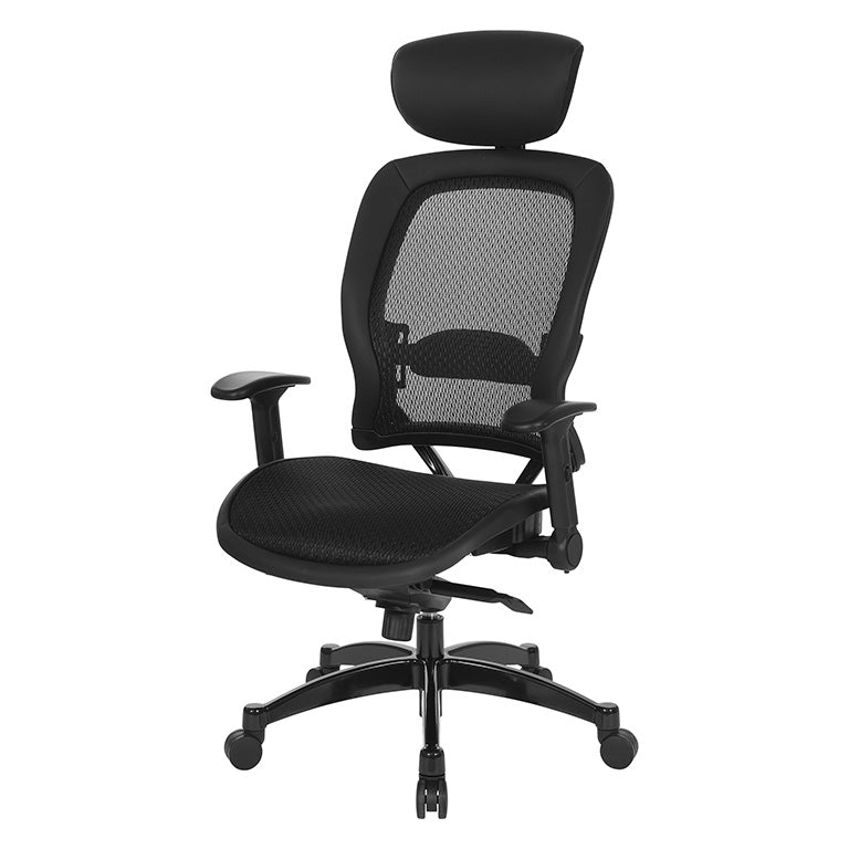 Breathable Mesh Seat and Back Executive Chair w/Top Grain Leather Trim, Adjustable
Headrest and Lumbar Support, Height-Adjustable Flip Arms, Industrial Steel Finish Base