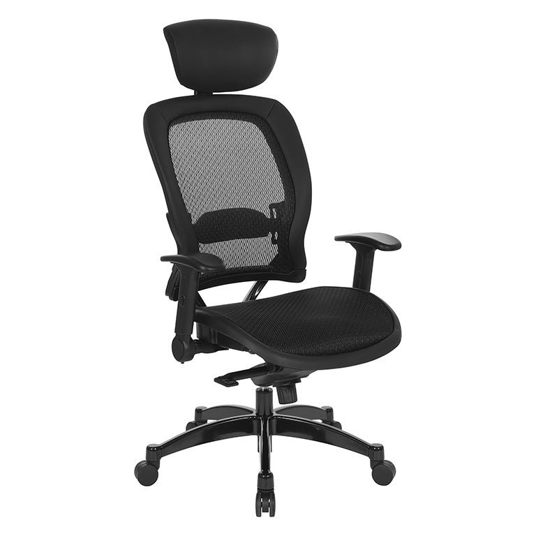 Breathable Mesh Seat and Back Executive Chair w/Top Grain Leather Trim, Adjustable
Headrest and Lumbar Support, Height-Adjustable Flip Arms, Industrial Steel Finish Base
