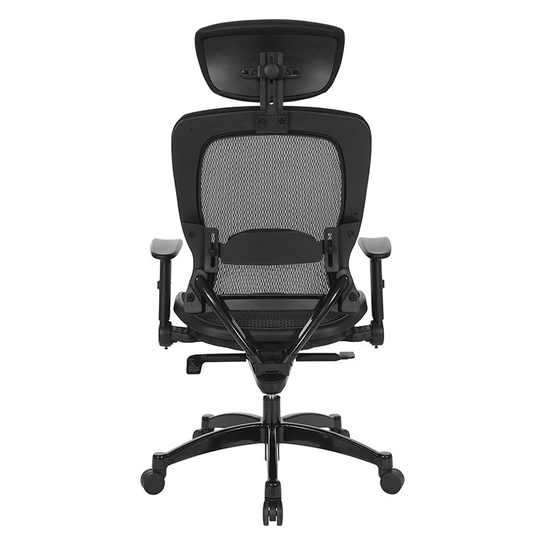 Breathable Mesh Seat and Back Executive Chair w/Top Grain Leather Trim, Adjustable
Headrest and Lumbar Support, Height-Adjustable Flip Arms, Industrial Steel Finish Base