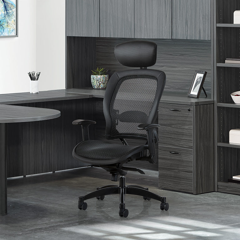 Breathable Mesh Seat and Back Executive Chair w/Top Grain Leather Trim, Adjustable
Headrest and Lumbar Support, Height-Adjustable Flip Arms, Industrial Steel Finish Base