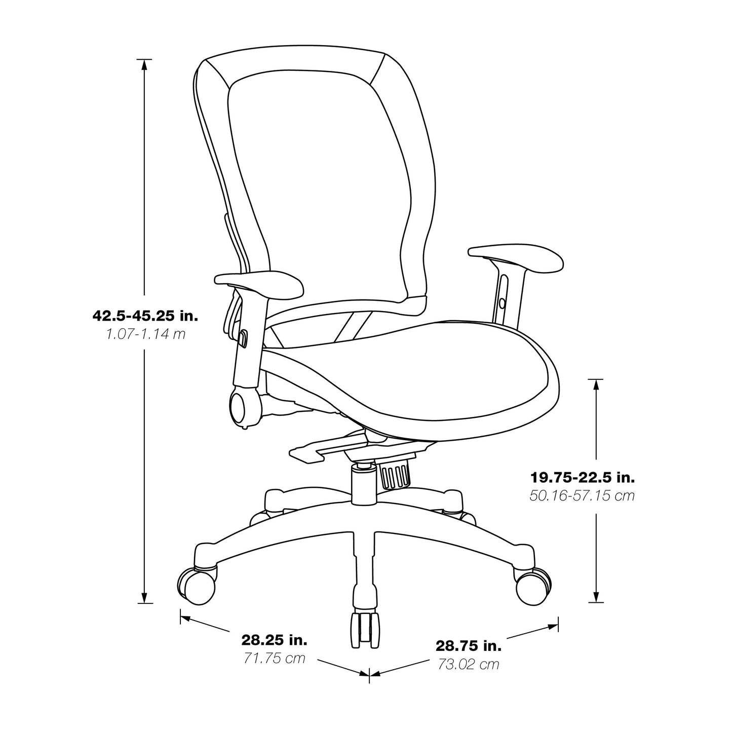 Breathable Mesh Seat and Back Executive Chair w/Top Grain Leather Trim,
Adjustable Lumbar Support, Height-Adjustable Flip Arms, Industrial Steel Finish Base