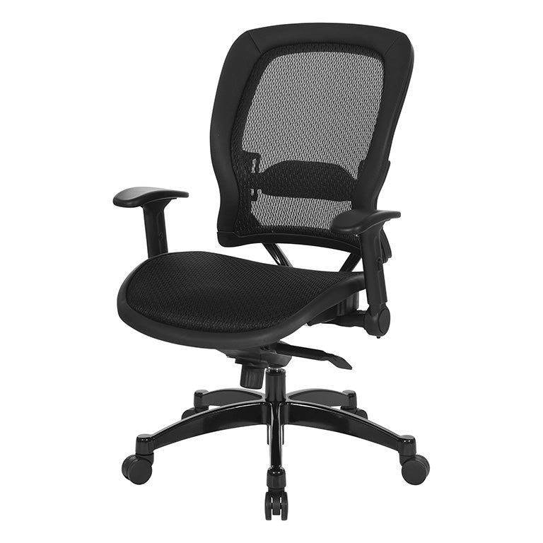 Breathable Mesh Seat and Back Executive Chair w/Top Grain Leather Trim,
Adjustable Lumbar Support, Height-Adjustable Flip Arms, Industrial Steel Finish Base