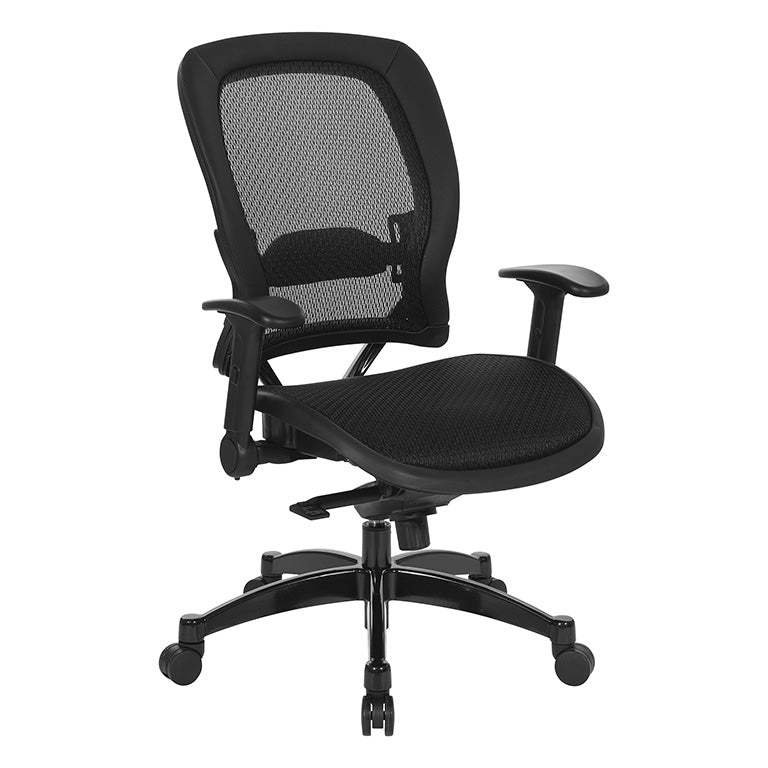 Breathable Mesh Seat and Back Executive Chair w/Top Grain Leather Trim,
Adjustable Lumbar Support, Height-Adjustable Flip Arms, Industrial Steel Finish Base