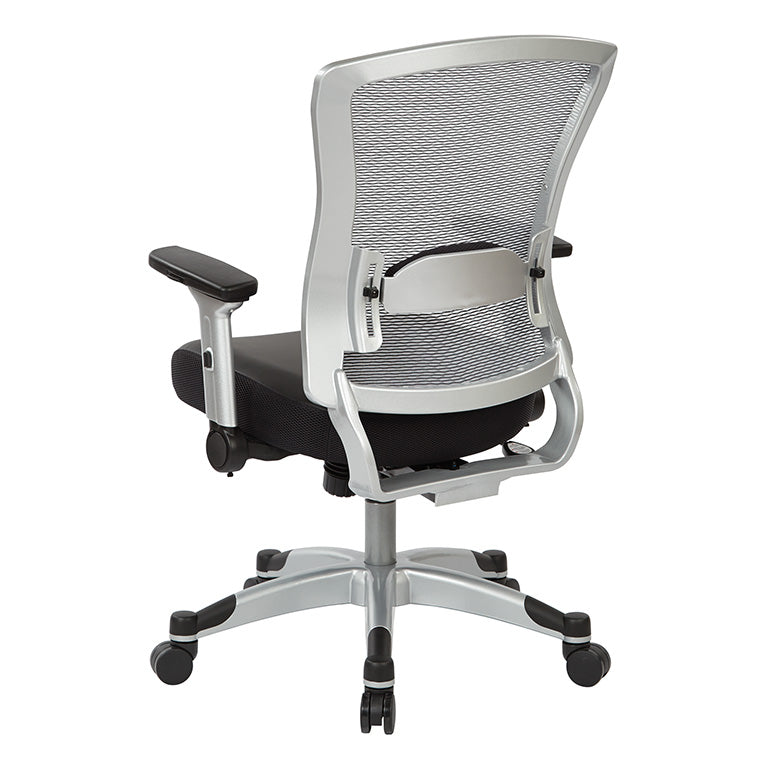 Professional Light AirGrid® Back Chair w/Black Bonded Leather Seat,
Memory Foam, Platinum Finish Flip Arms & Platinum Coated Base w/Black End Caps