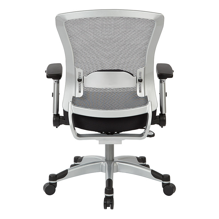 Professional Light AirGrid® Back Chair w/Black Bonded Leather Seat,
Memory Foam, Platinum Finish Flip Arms & Platinum Coated Base w/Black End Caps