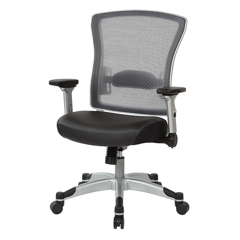 Professional Light AirGrid® Back Chair w/Black Bonded Leather Seat,
Memory Foam, Platinum Finish Flip Arms & Platinum Coated Base w/Black End Caps