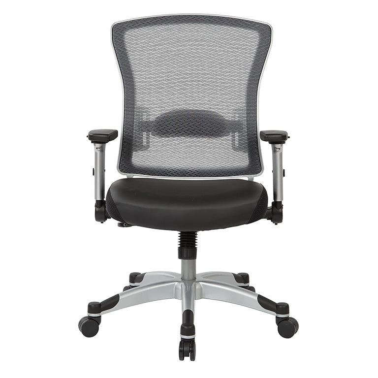 Professional Light AirGrid® Back Chair w/Black Bonded Leather Seat,
Memory Foam, Platinum Finish Flip Arms & Platinum Coated Base w/Black End Caps