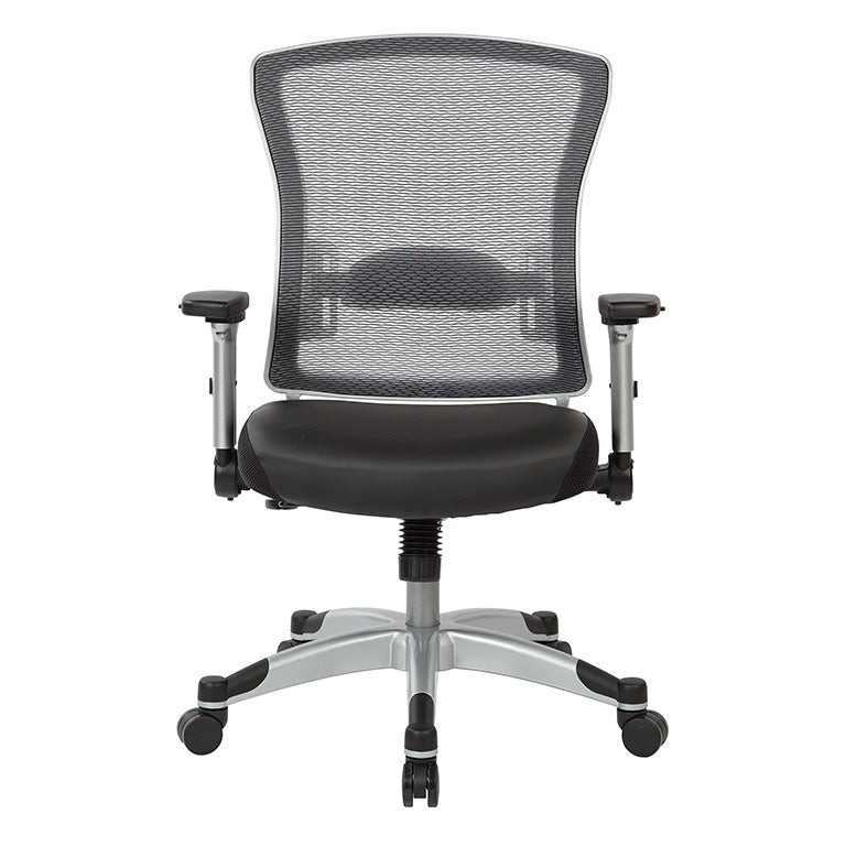 Professional Light AirGrid® Back Chair w/Black Bonded Leather Seat,
Memory Foam, Platinum Finish Flip Arms & Platinum Coated Base w/Black End Caps