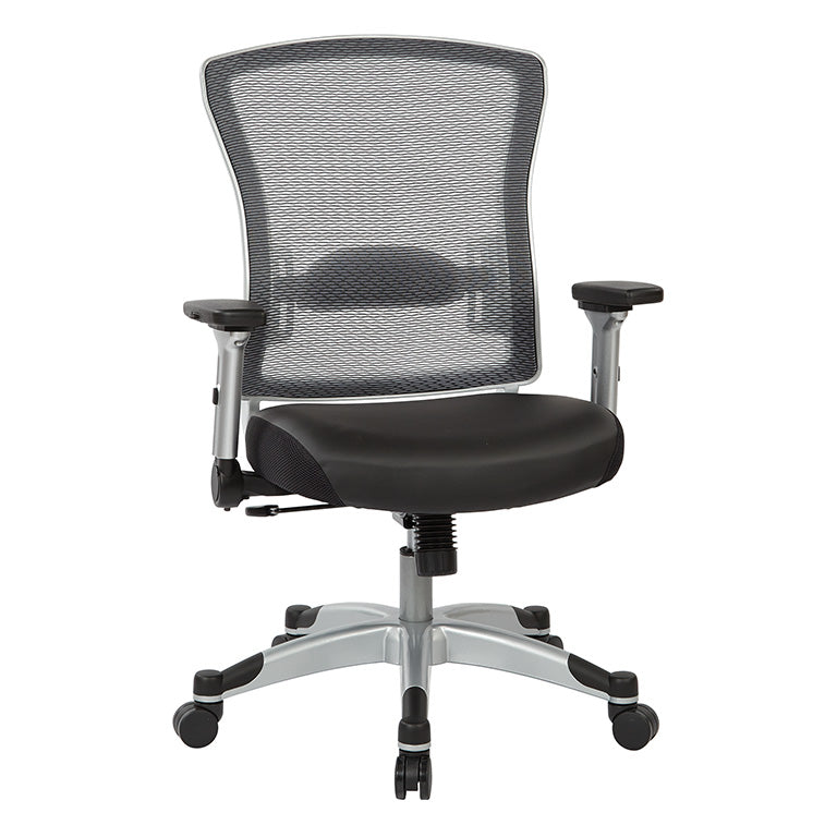 Professional Light AirGrid® Back Chair w/Black Bonded Leather Seat,
Memory Foam, Platinum Finish Flip Arms & Platinum Coated Base w/Black End Caps