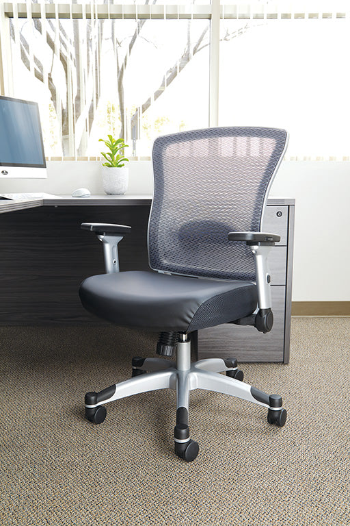 Professional Light AirGrid® Back Chair w/Black Bonded Leather Seat,
Memory Foam, Platinum Finish Flip Arms & Platinum Coated Base w/Black End Caps