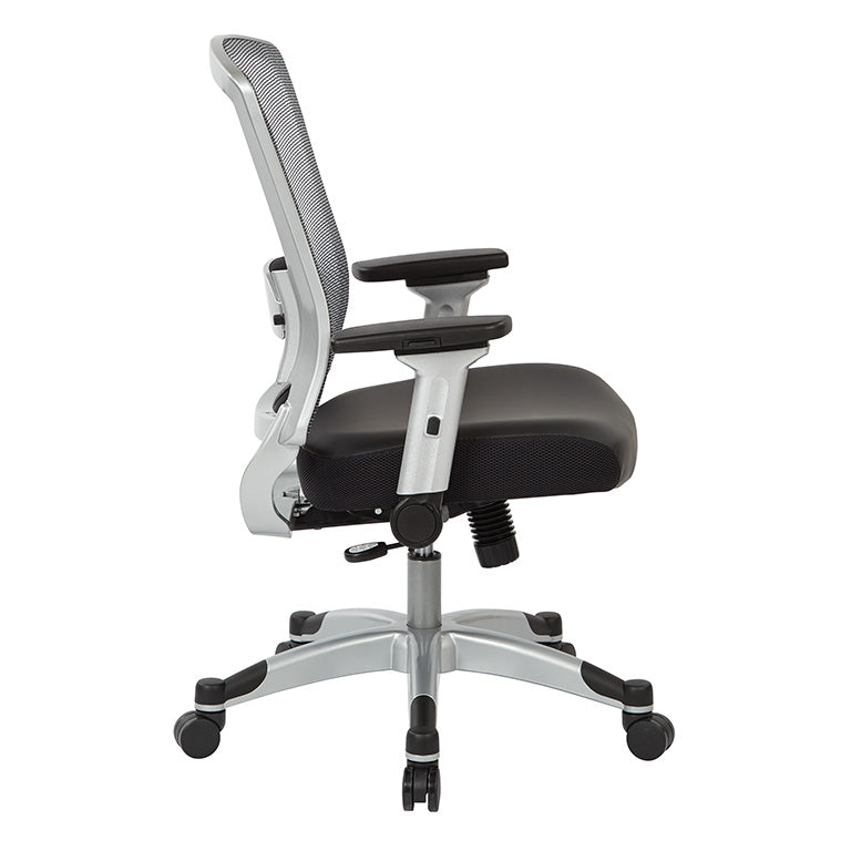 Professional Light AirGrid® Back Chair w/Black Bonded Leather Seat,
Memory Foam, Platinum Finish Flip Arms & Platinum Coated Base w/Black End Caps