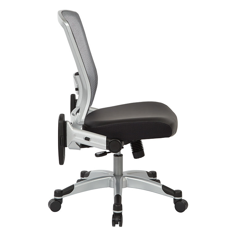 Professional Light AirGrid® Back Chair w/Black Bonded Leather Seat,
Memory Foam, Platinum Finish Flip Arms & Platinum Coated Base w/Black End Caps