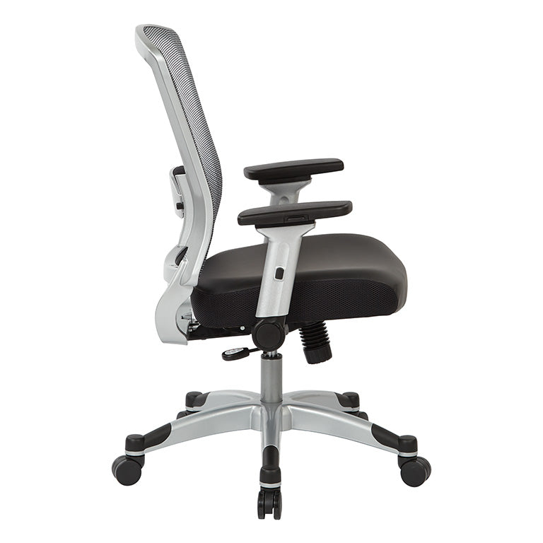 Professional Light AirGrid® Back Chair w/Black Bonded Leather Seat,
Memory Foam, Platinum Finish Flip Arms & Platinum Coated Base w/Black End Caps