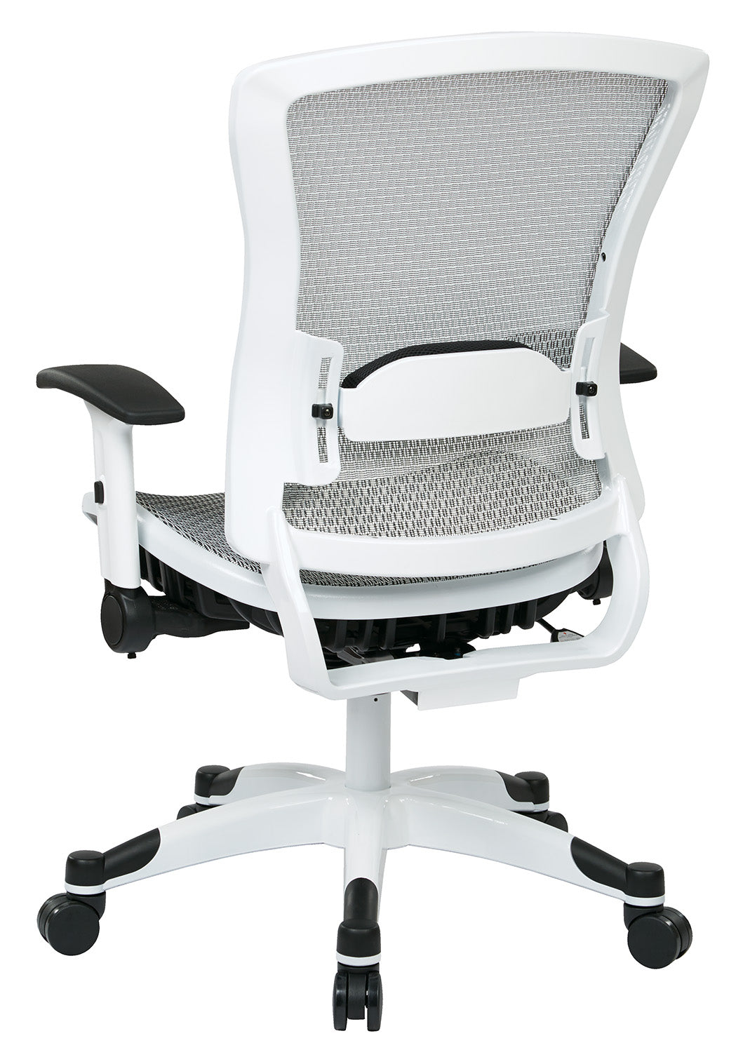 White Frame Manager’s Chair with Breathable Mesh Seat and
Back, Adjustable Padded Flip Arms and Coated Nylon Base