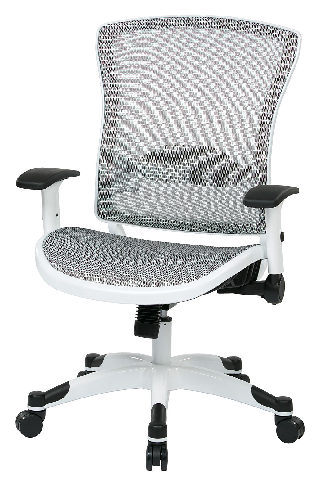 White Frame Manager’s Chair with Breathable Mesh Seat and
Back, Adjustable Padded Flip Arms and Coated Nylon Base