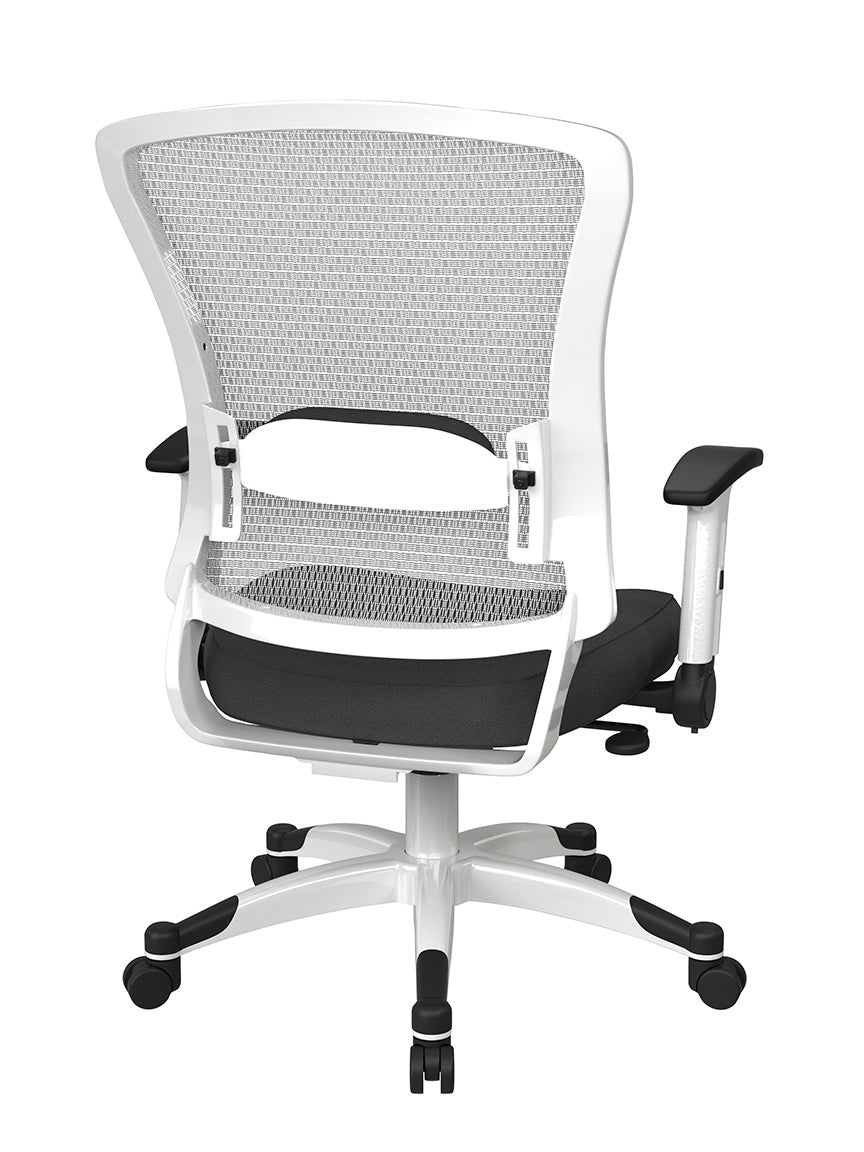 White Frame Manager’s Chair with Breathable Mesh Back and
Padded Mesh Seat Manager’s Chair with Height Adjustable Flip Arms and Coated Nylon Base