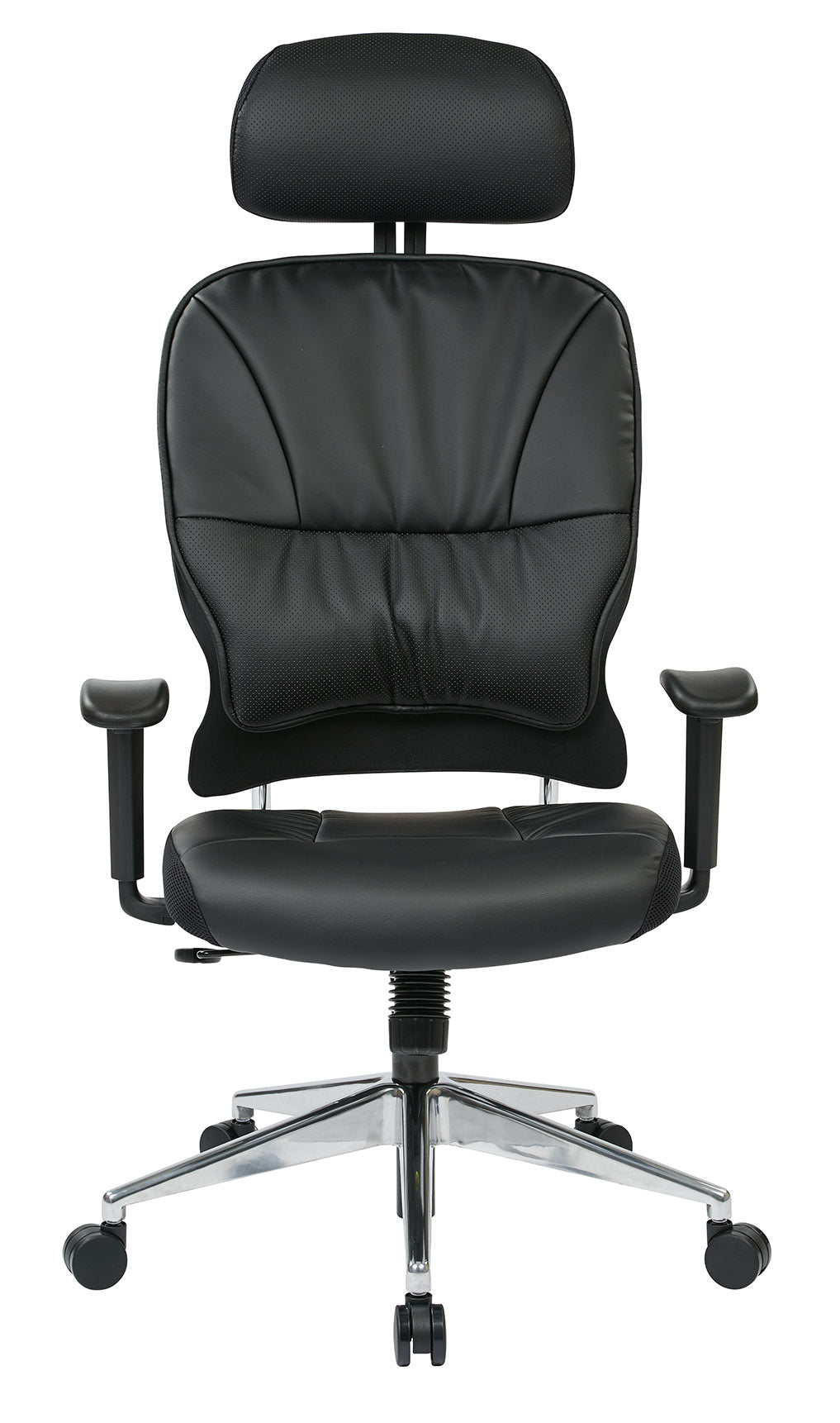Black Bonded Leather Seat and Back Executive Chair with
Adjustable Headrest, Adjustable Arms and Polished Aluminum Finish Base