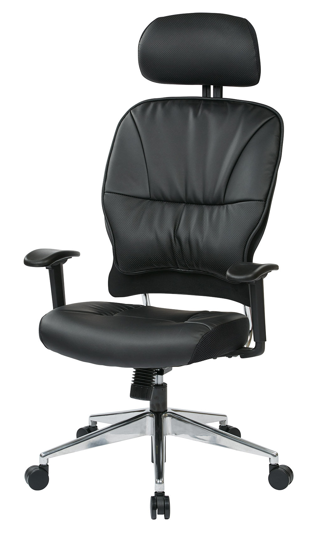Black Bonded Leather Seat and Back Executive Chair with
Adjustable Headrest, Adjustable Arms and Polished Aluminum Finish Base