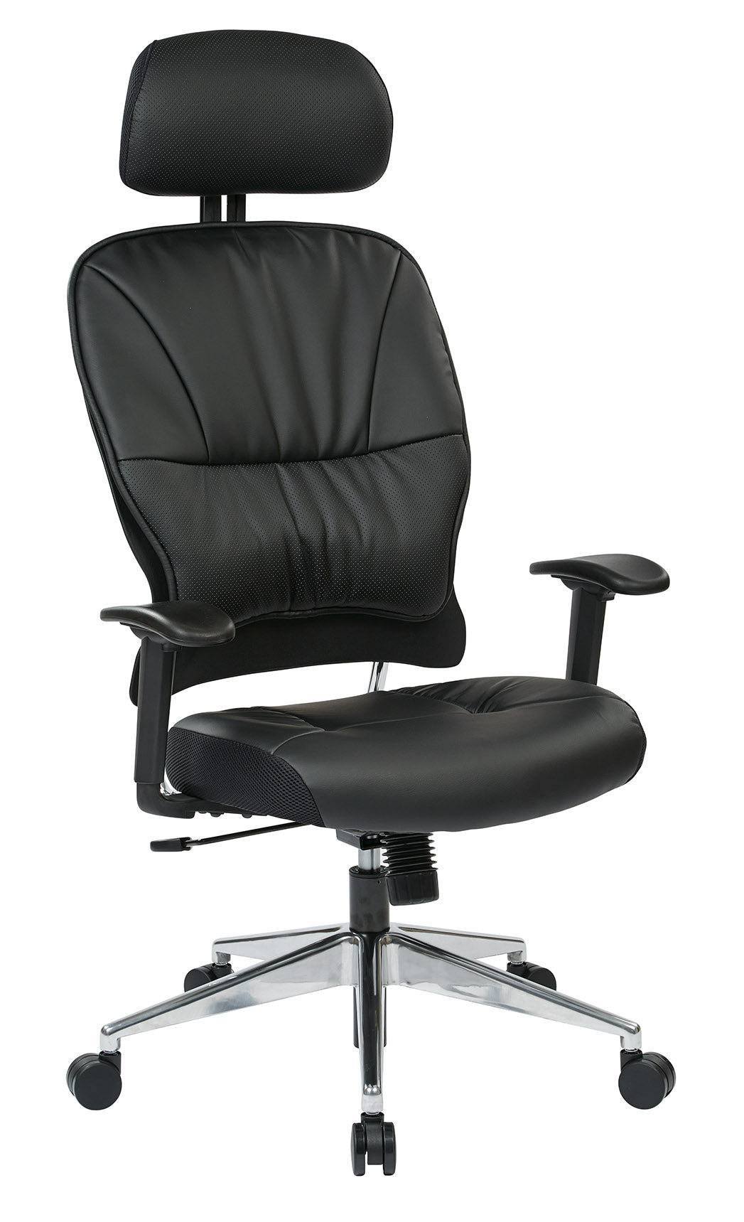 Black Bonded Leather Seat and Back Executive Chair with
Adjustable Headrest, Adjustable Arms and Polished Aluminum Finish Base