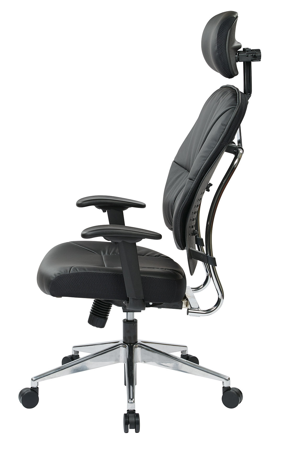 Black Bonded Leather Seat and Back Executive Chair with
Adjustable Headrest, Adjustable Arms and Polished Aluminum Finish Base