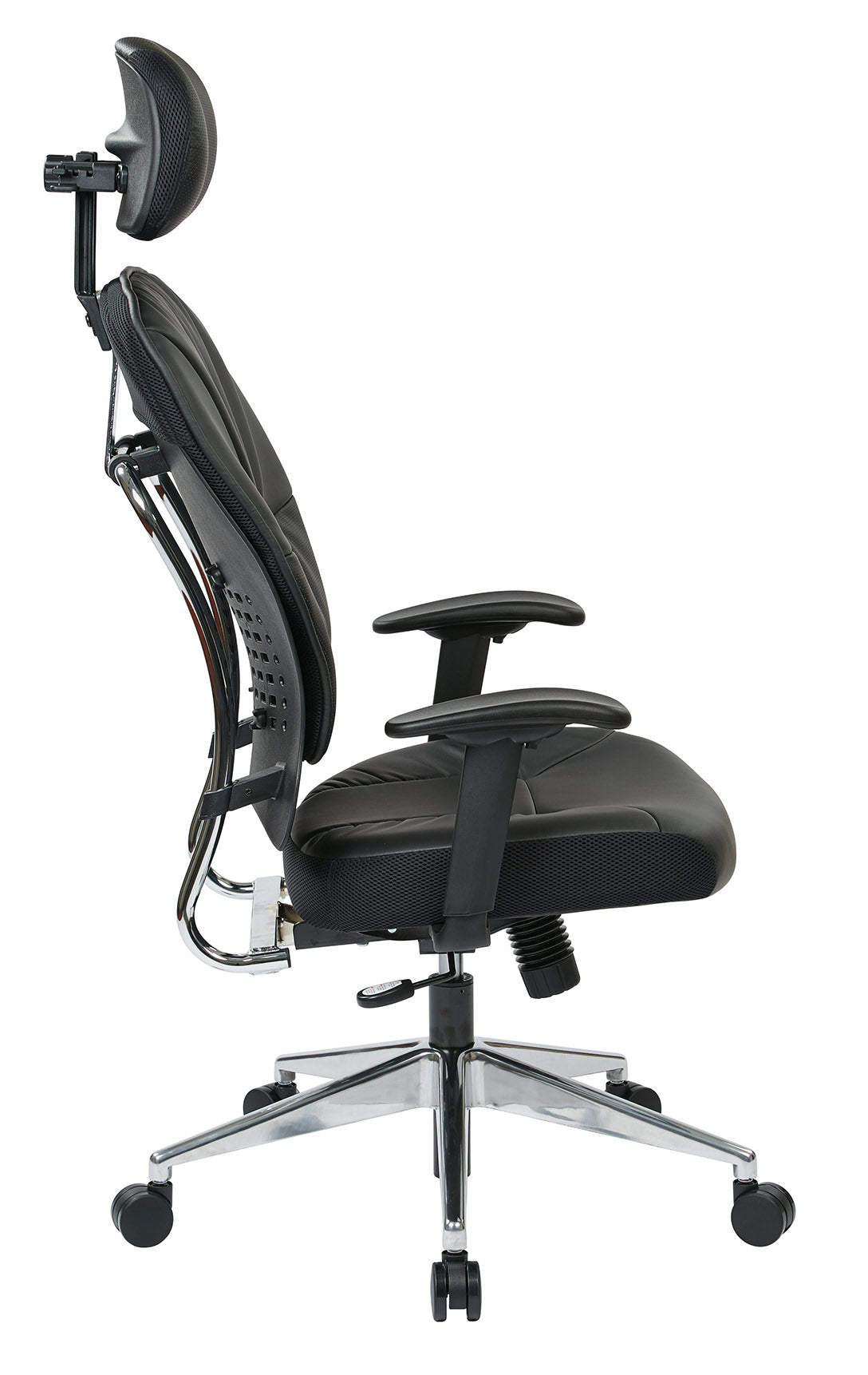Black Bonded Leather Seat and Back Executive Chair with
Adjustable Headrest, Adjustable Arms and Polished Aluminum Finish Base