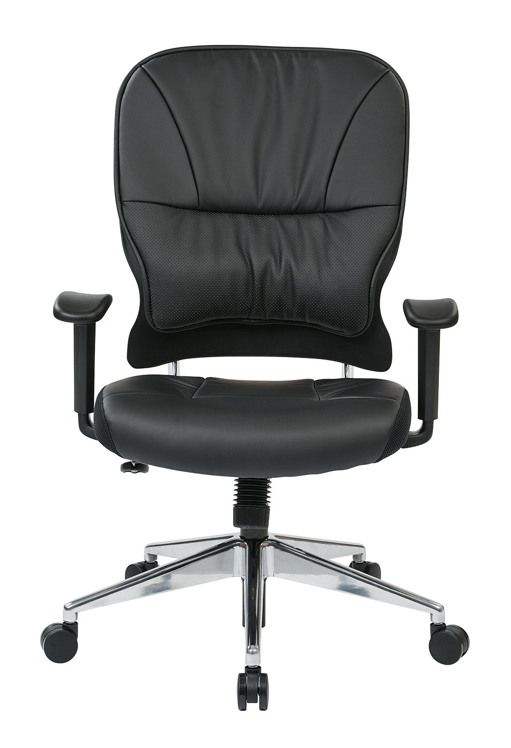 Black Bonded Leather Seat and Back Manager’s Chair with Adjustable
Arms and Polished Aluminum Finish Base