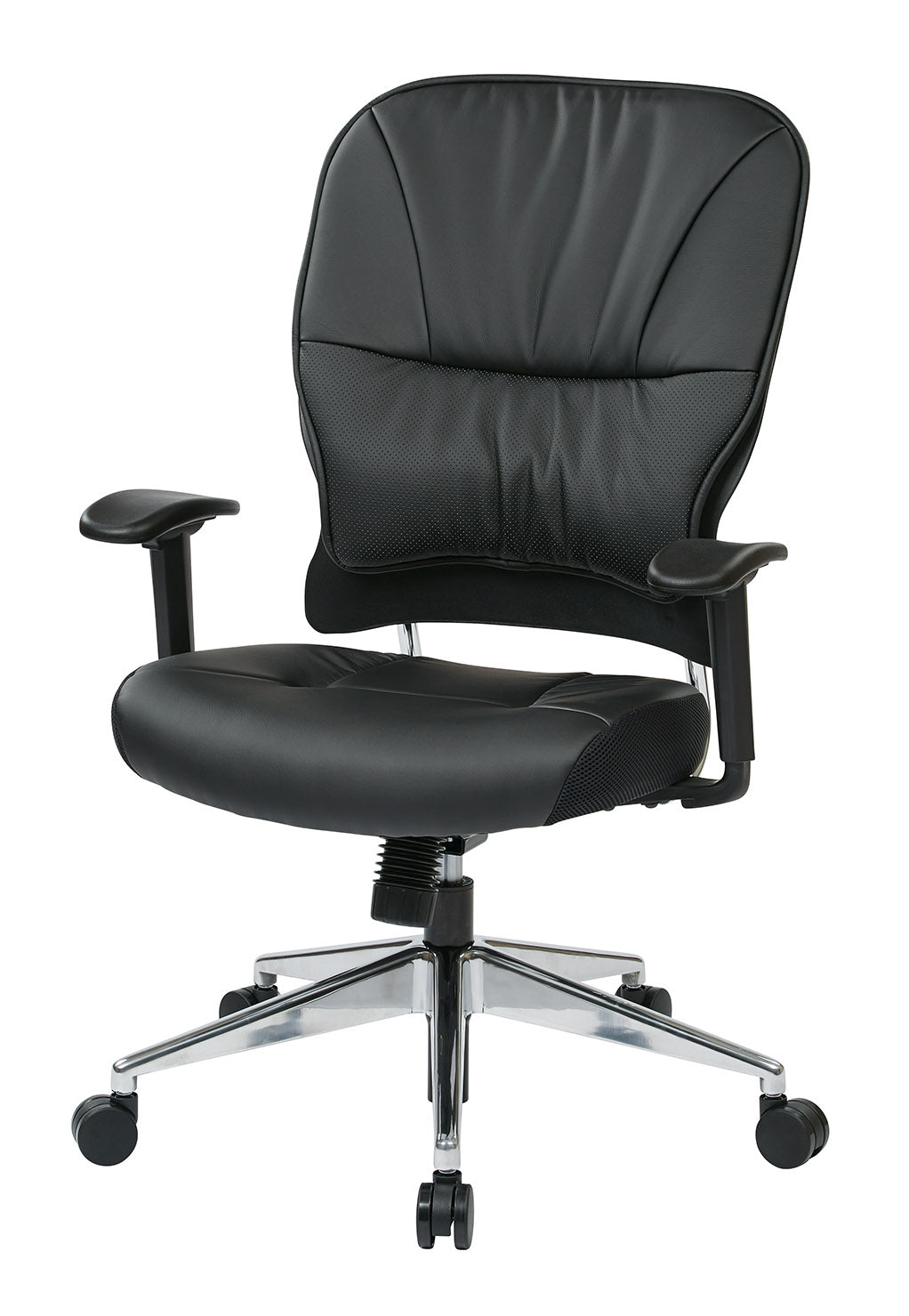 Black Bonded Leather Seat and Back Manager’s Chair with Adjustable
Arms and Polished Aluminum Finish Base