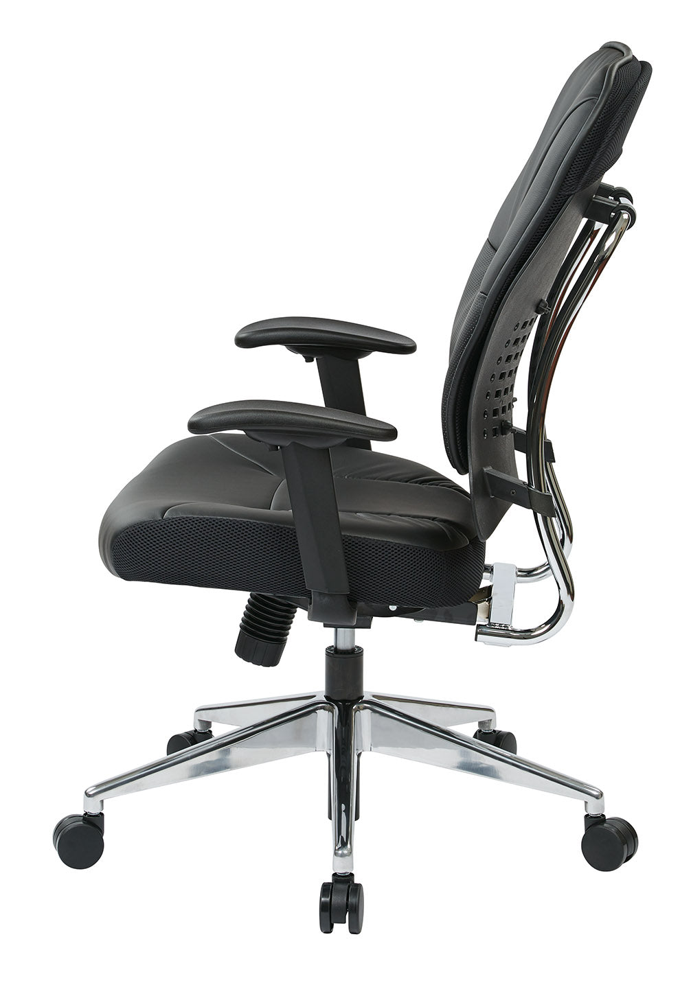Black Bonded Leather Seat and Back Manager’s Chair with Adjustable
Arms and Polished Aluminum Finish Base