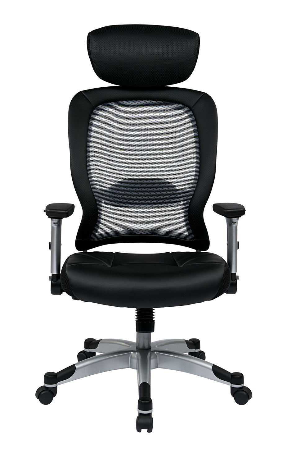 Light Air Grid® Back Chair with Padded Bonded Leather Seat,4-Way Adjustable Flip Arms, Adjustable/Optional Headrest and Platinum Coated Nylon Base
