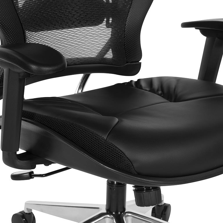 Professional Air Grid® Back Chair with Black Bonded Leather Seat and
Trim, Adjustable Arms, Adjustable Lumbar, and Angled Polished Aluminum Base