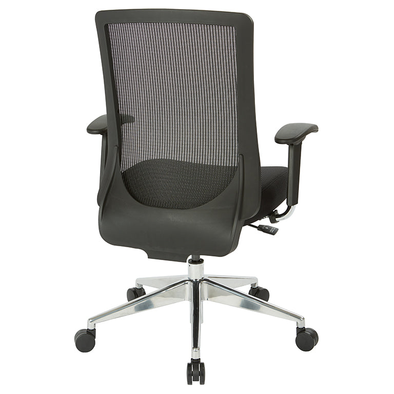 High Back Black Vertical Mesh Chair with Black Fabric Seat, Height
Adjustable Arms, Seat Slider, and Angled Chrome Base