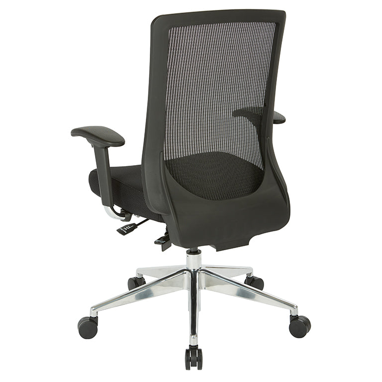 High Back Black Vertical Mesh Chair with Black Fabric Seat, Height
Adjustable Arms, Seat Slider, and Angled Chrome Base