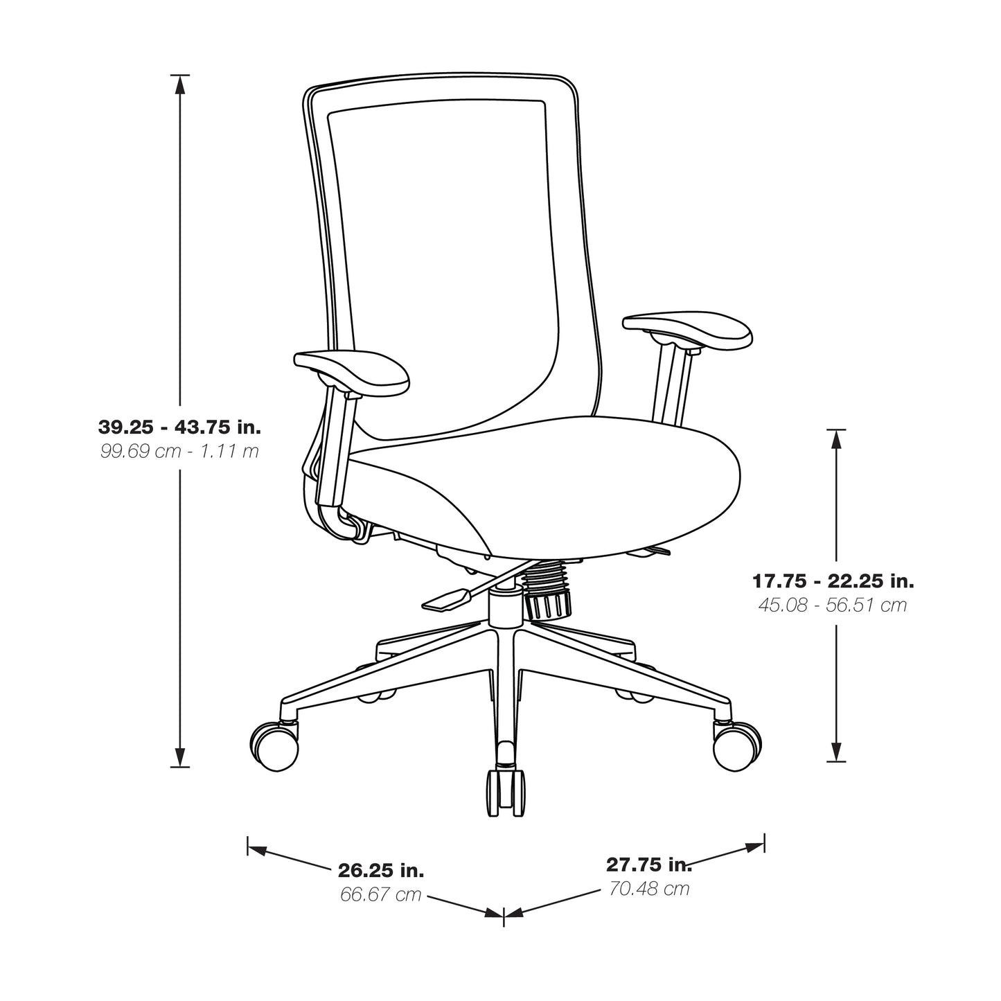 High Back Black Vertical Mesh Chair with Black Fabric Seat, Height
Adjustable Arms, Seat Slider, and Angled Chrome Base