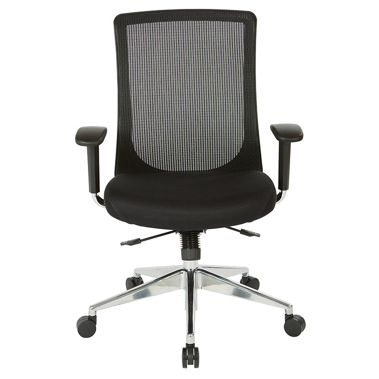 High Back Black Vertical Mesh Chair with Black Fabric Seat, Height
Adjustable Arms, Seat Slider, and Angled Chrome Base