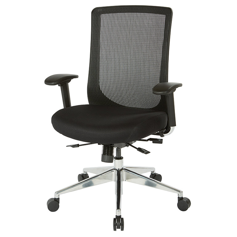 High Back Black Vertical Mesh Chair with Black Fabric Seat, Height
Adjustable Arms, Seat Slider, and Angled Chrome Base