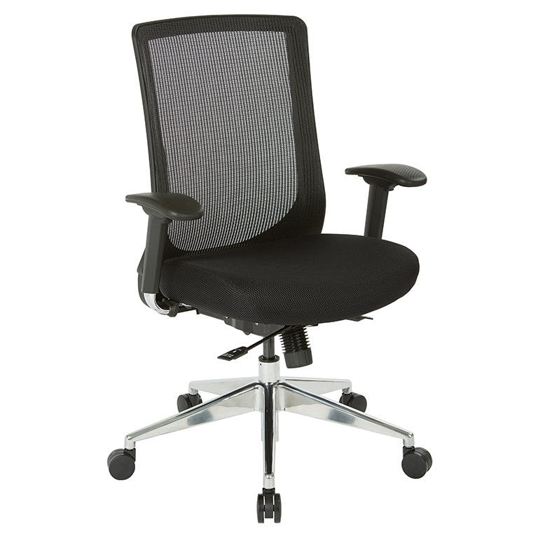 High Back Black Vertical Mesh Chair with Black Fabric Seat, Height
Adjustable Arms, Seat Slider, and Angled Chrome Base
