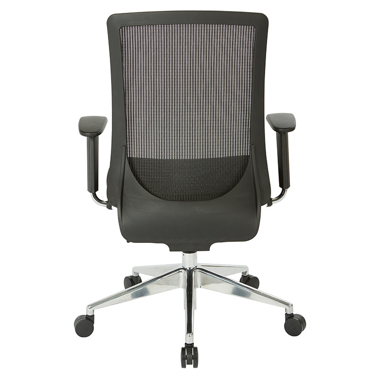 High Back Black Vertical Mesh Chair with Black Fabric Seat, Height
Adjustable Arms, Seat Slider, and Angled Chrome Base