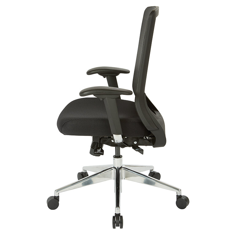 High Back Black Vertical Mesh Chair with Black Fabric Seat, Height
Adjustable Arms, Seat Slider, and Angled Chrome Base