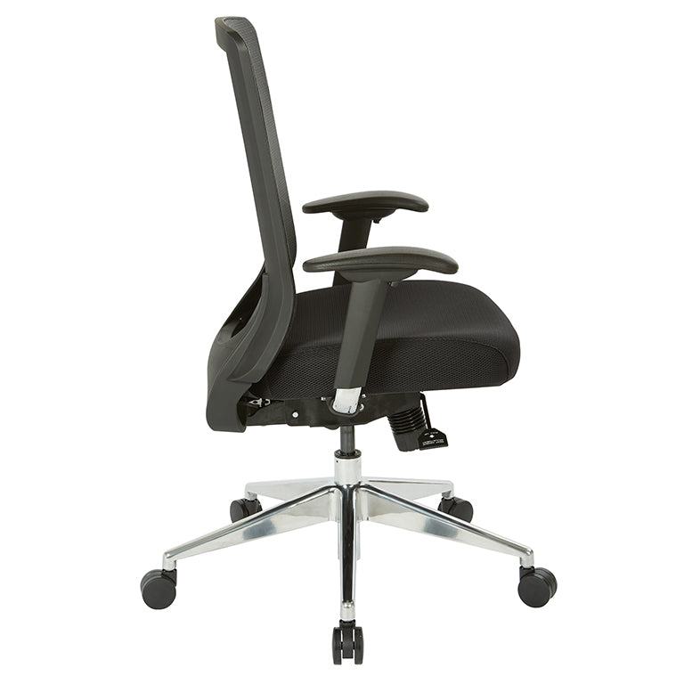 High Back Black Vertical Mesh Chair with Black Fabric Seat, Height
Adjustable Arms, Seat Slider, and Angled Chrome Base