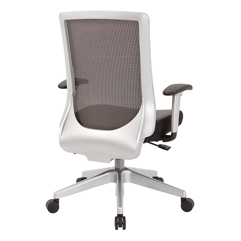 High Back Black Vertical Mesh Chair with Black Bonded
Leather Seat, Height Adjustable Arms, Seat Slider, and Angled Silver Base
