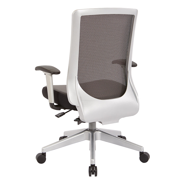 High Back Black Vertical Mesh Chair with Black Bonded
Leather Seat, Height Adjustable Arms, Seat Slider, and Angled Silver Base